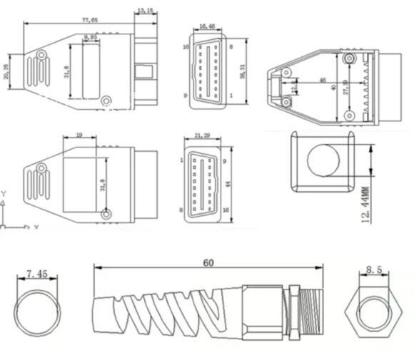 Диагностический разъем OBD2 папа, прозрачный