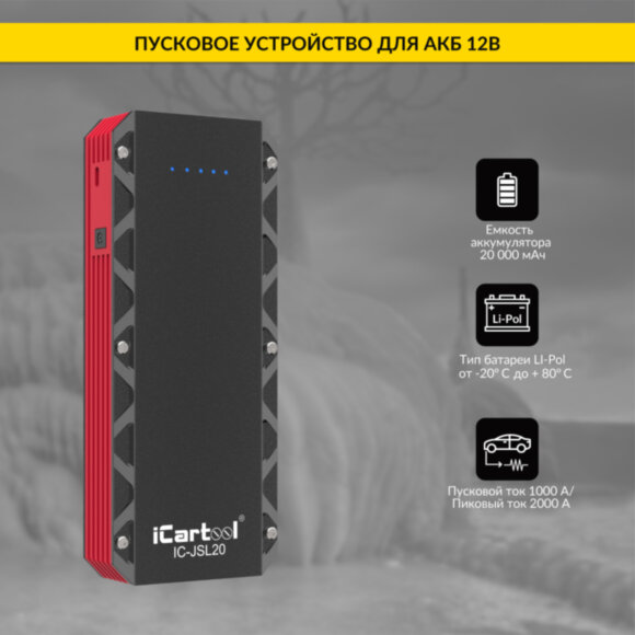 Пусковое устройство 12В, 20 000 мАч, 1000/2000А iCartool IC-JSL20
