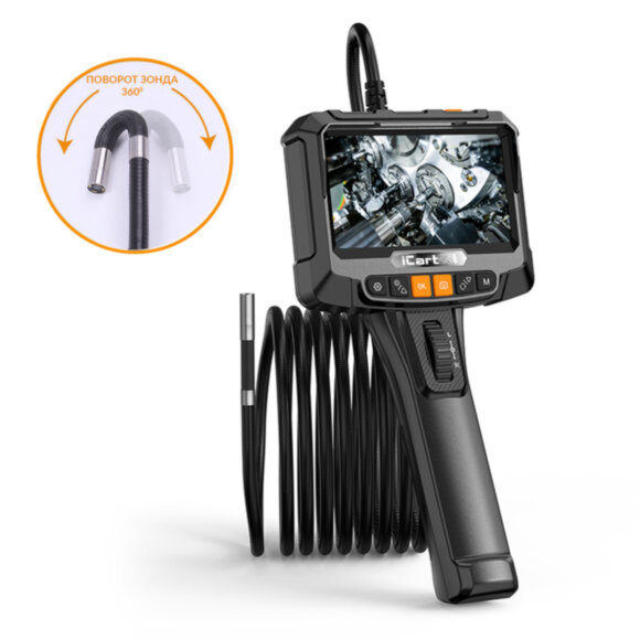 Видеоэндоскоп управляемый, экран 5", 2Мп, 1920x1080, 1м, 6.2мм, 360° iCartool IC-VC8052W